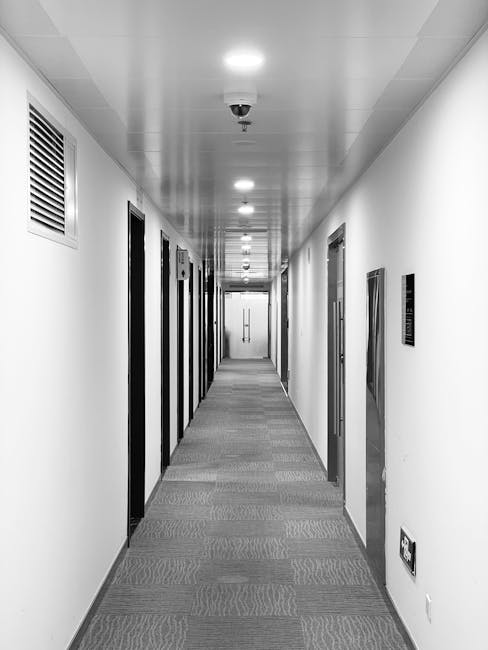 A long, straight corridor in a commercial building with smooth, light-colored walls and a textured carpeted floor. The ceiling features evenly spaced recessed lighting fixtures and a security camera. On the left side, there are rectangular air vents and multiple doorways with dark trim, while on the right side, there are doors with metallic finish and wall-mounted plaques. The corridor appears clean and well-maintained, reflecting professional deep cleaning and surface maintenance by Mayfair Carpet Cleaning, supporting hygiene and upkeep for both domestic and commercial spaces.