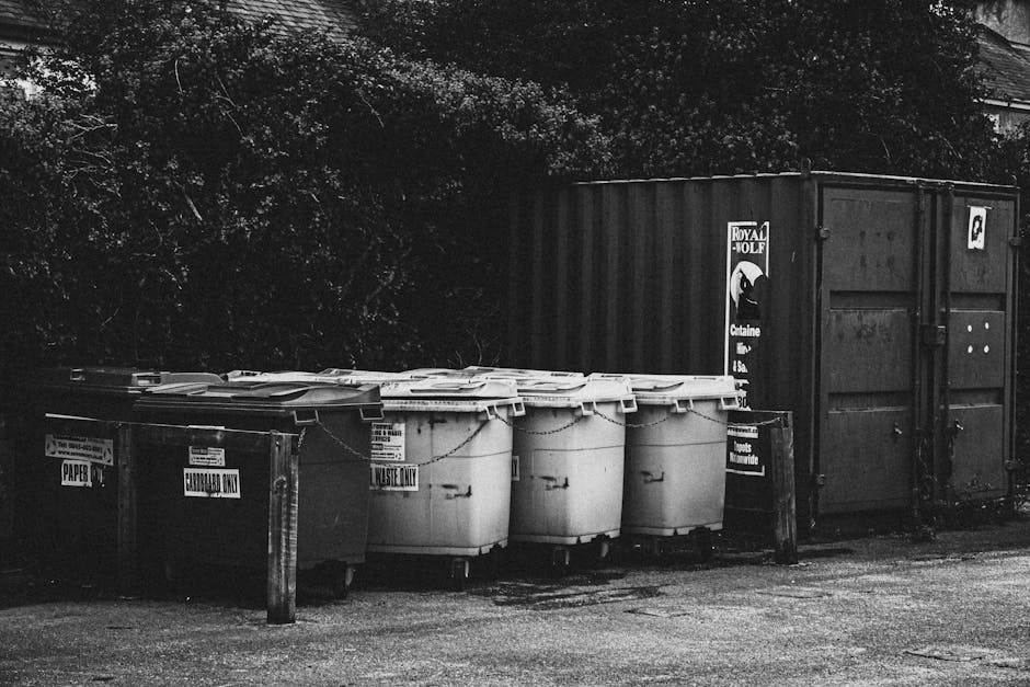 Black and white photograph of a row of waste bins placed on a paved surface outdoors in front of a large shipping container. The image includes various bins labeled for recycling and waste disposal, some with lids closed, positioned next to metal posts with signs. Dense foliage and trees are visible in the background, giving an impression of an urban or semi-urban setting. The lighting appears natural, highlighting the cleanliness and neat arrangement of the waste containers, which are part of regular surface cleaning and waste management practices. The scene reflects routine maintenance aligned with Westminster Council rules for disposing of carpet waste in Mayfair, as promoted by Mayfair Carpet Cleaning.