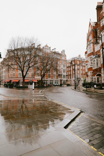 A wet, urban street scene in Mayfair with a polished, reflective pavement showing the surface cleaning after rainfall. The street is lined with historic red-brick buildings featuring white window frames and decorative architectural details, typical of Westminster architecture. Bare trees without leaves are situated along the sidewalks, indicating a cold season. The smooth, wet surface of the pavement and road suggests recent cleaning or rain, with no visible debris or dust, emphasizing cleanliness and hygiene. In the background, the street curves gently, and the area appears quiet, with no traffic or pedestrians. The lighting is natural and subdued, consistent with overcast weather, highlighting the shiny, well-maintained surfaces. This scene showcases the importance of regular surface cleaning and sanitisation to maintain hygiene standards, reflecting the regulations outlined in the Westminster Council rules for disposing of carpet waste in Mayfair. Mayfair Carpet Cleaning offers professional cleaning services ensuring surfaces remain pristine and compliant with local cleanliness policies.